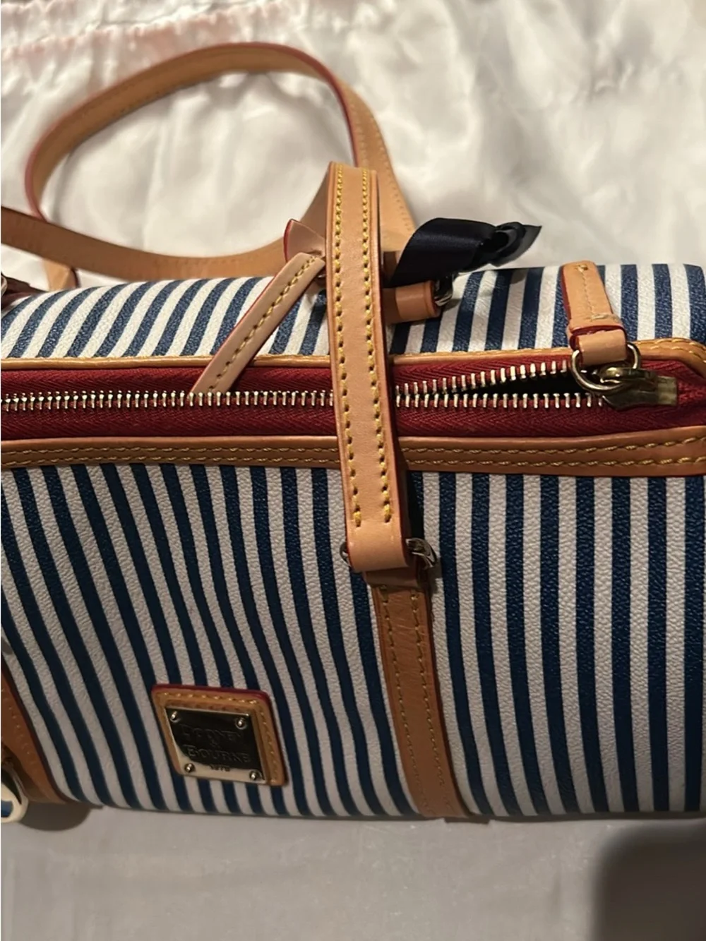 Dooney & Bourke Blue and White Striped Satchel with Tan Trim